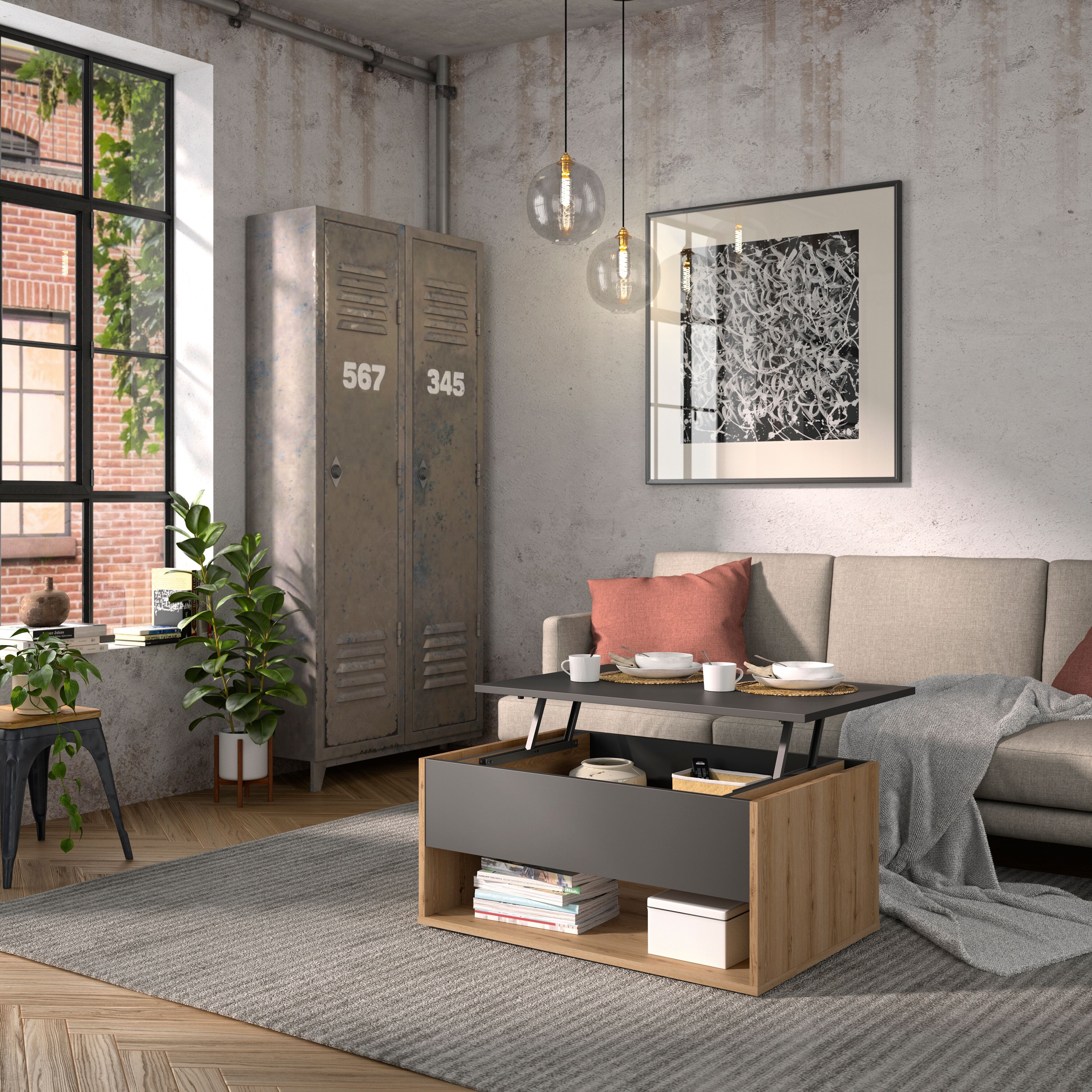 Couchtisch GAMI "Urban", grau (anthrazit, eiche helvezia nachbildung, anthrazit), B:90cm H:44cm T:60cm, Tische, Couchtisch, Couchtisch mit hochklappbarer Platte anthrazit, eiche helvezia nachbildung, anthrazit B/H/T: 90cm x 44cm x 60cm, Offene Ablagefläch