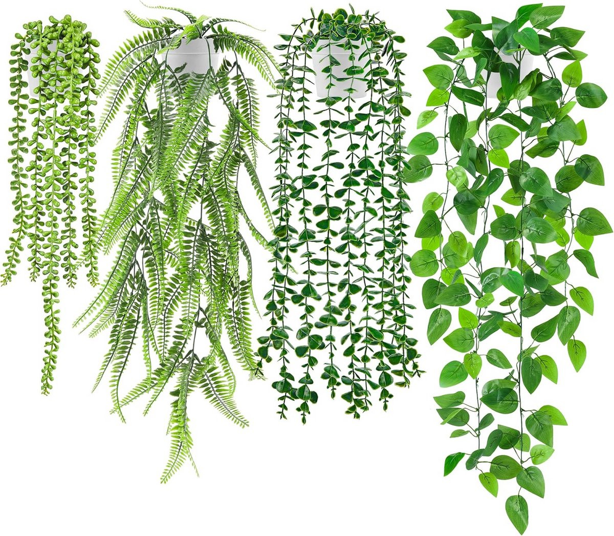 Set van 4 kunstmatige hangplanten met diverse soorten klimop en potten