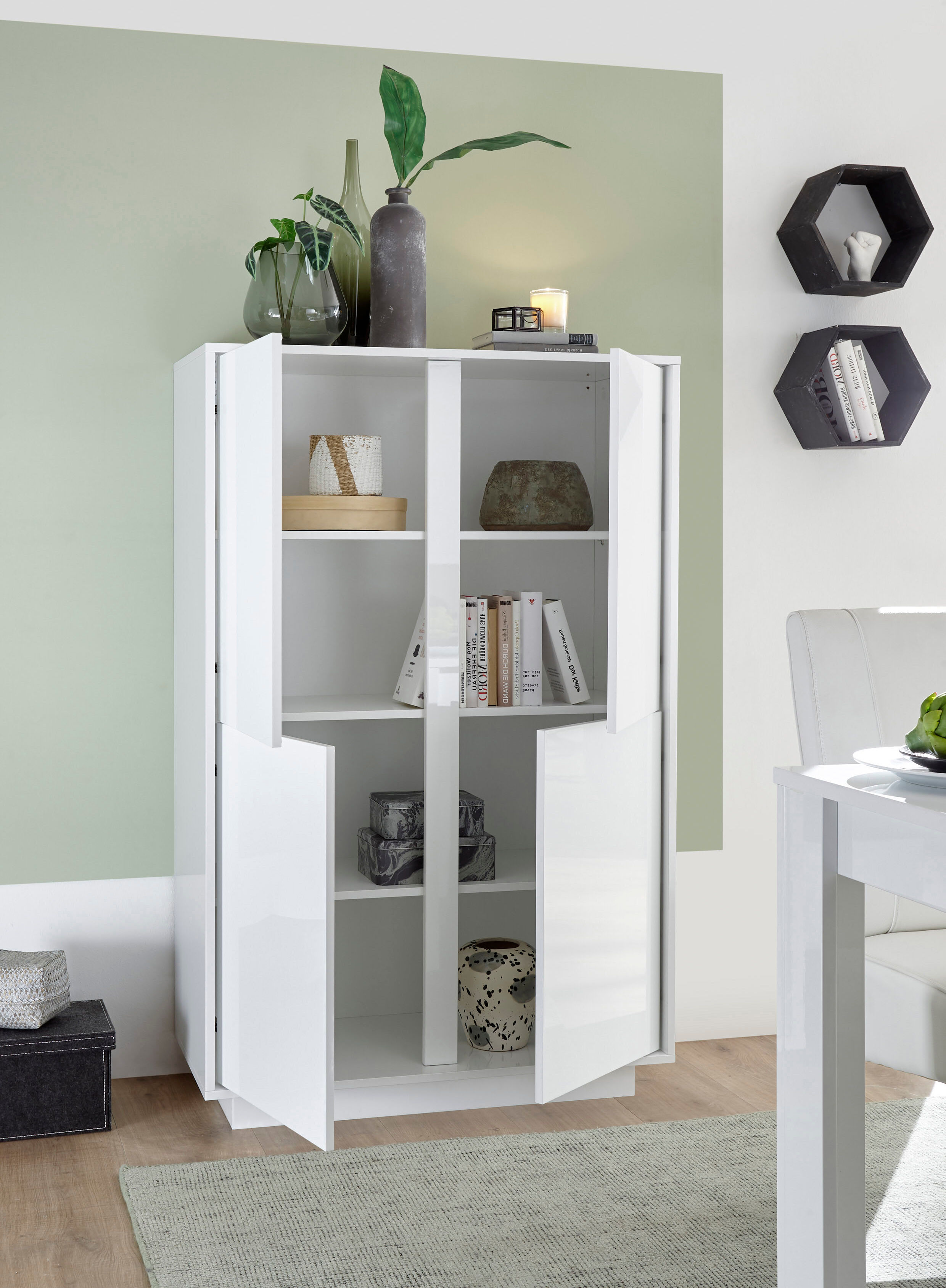 Highboard HOME AFFAIRE "Ice", weiss (weiß hochlglanz lack), Sideboards, Highboard, grifflos weiß hochlglanz lack Einheitsgröße