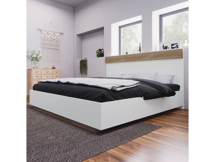 Lit adulte 180x200 cm effet suspendu avec tête de lit sommier à lattes structure en bois blanc et chêne