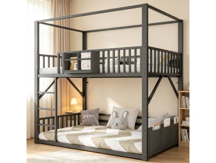 Guishanlihua Metall-Etagenbett 90 x 200 cm für Kinder und Jugendliche, platzsparendes Einzelbettgestell mit Dachkonstruktion, Modernes Kinderetagenbett Schwarz