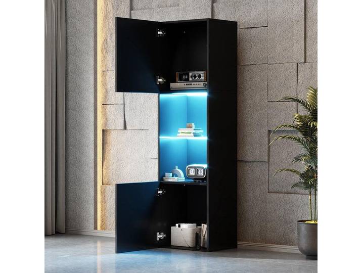 Vitrine salon Noir LED brillante verre vitrine sur pied armoire haute armoire de rangement