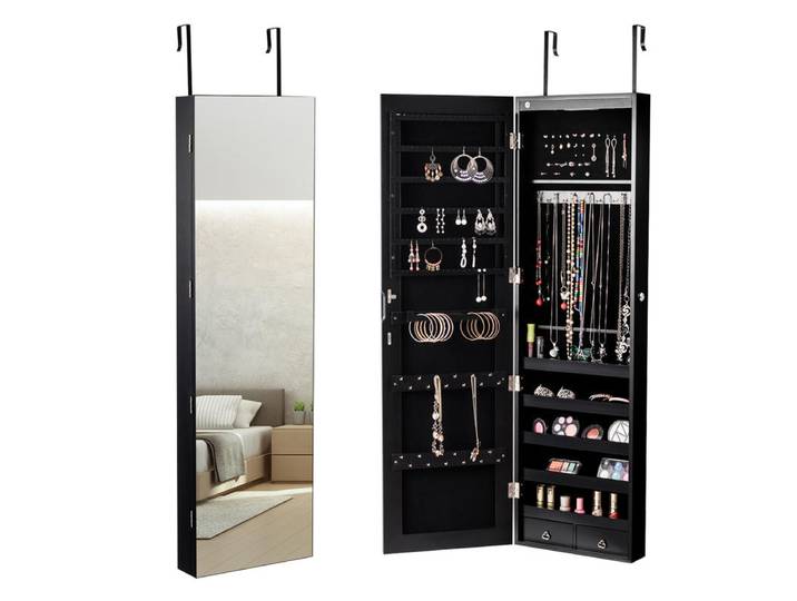 Armoire à bijoux/accessoires autoportante avec serrure, 120 x 36 x 10 cm. Miroir pleine longueur et armoire à bijoux combinés, dotés de rangements pour un rangement facile et pratique des bijoux, et