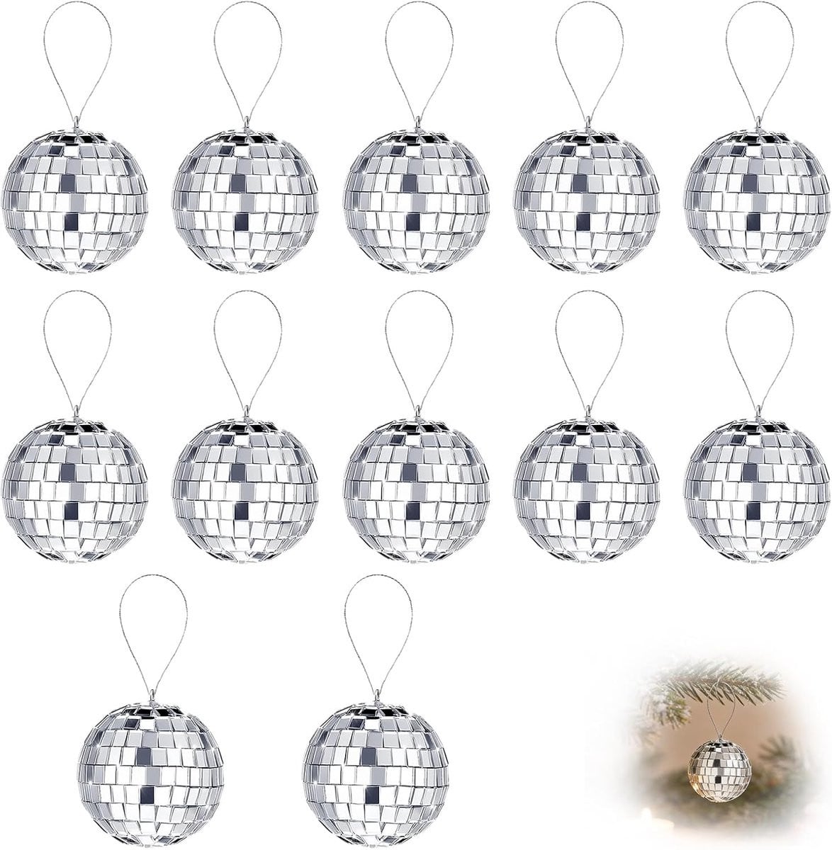 Set van 12 zilveren mini-discoballen met touwtje voor decoratie, diameter: 2 cm