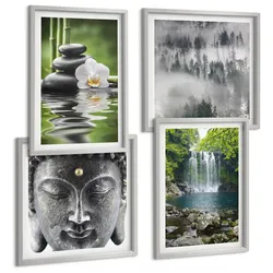 BILDER SET 4er Set - 50x50 cm & 40x60 cm Silberner Rahmen - Harmonie der Natur, Steine, Wasser, Buddha