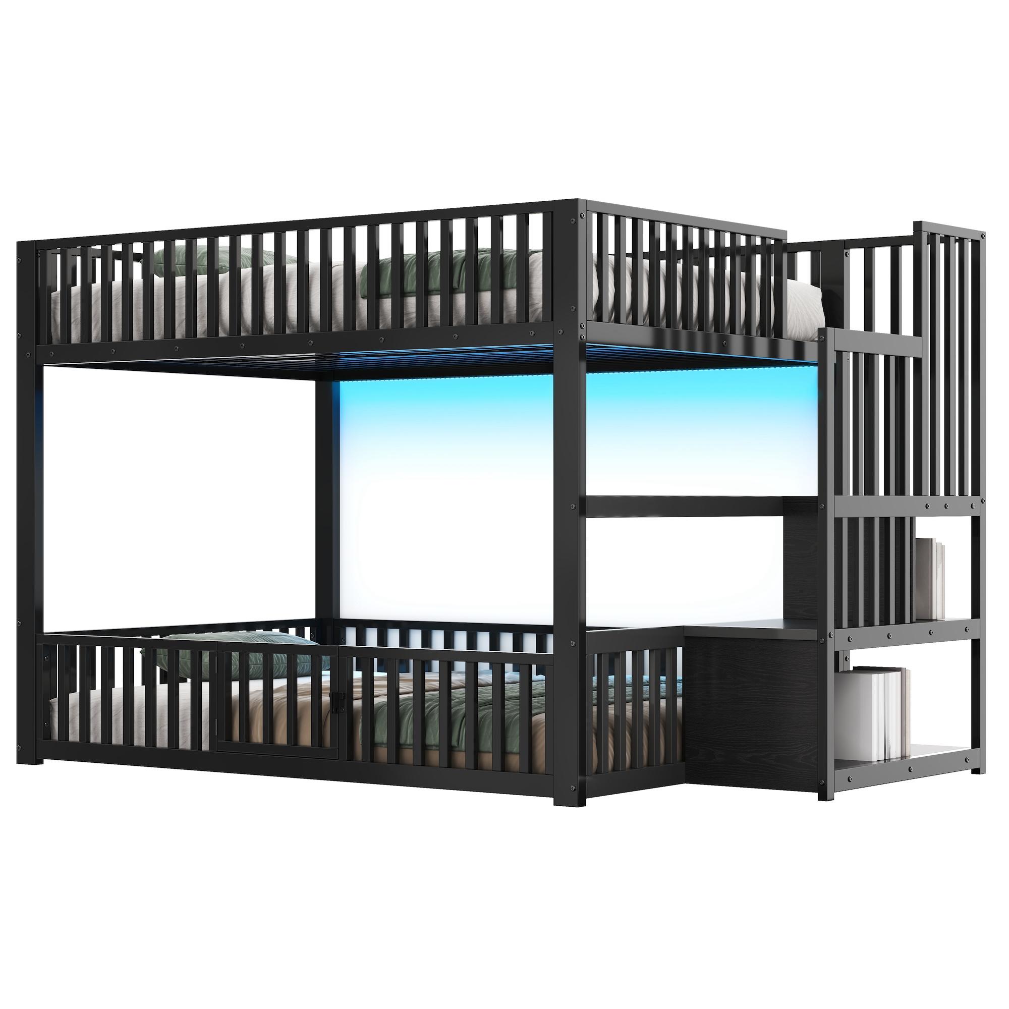 Etagenbett mit 1 Lattenrost, RGB LED-Streifen, Rausfallschutz und Tür, Treppe mit Regal, Kinderbett, Metallbett, 140x200 cm