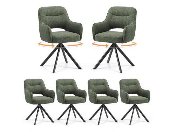 COLAMY Drehbare Esszimmerstühle 6er Set mit Armlehnen, Drehbare Polsterstühle für Küche & Esszimmer aus weichem Florstoff mit Metallgestell und Rückenlehne, für Esszimmer, Küche, Büro,Grün
