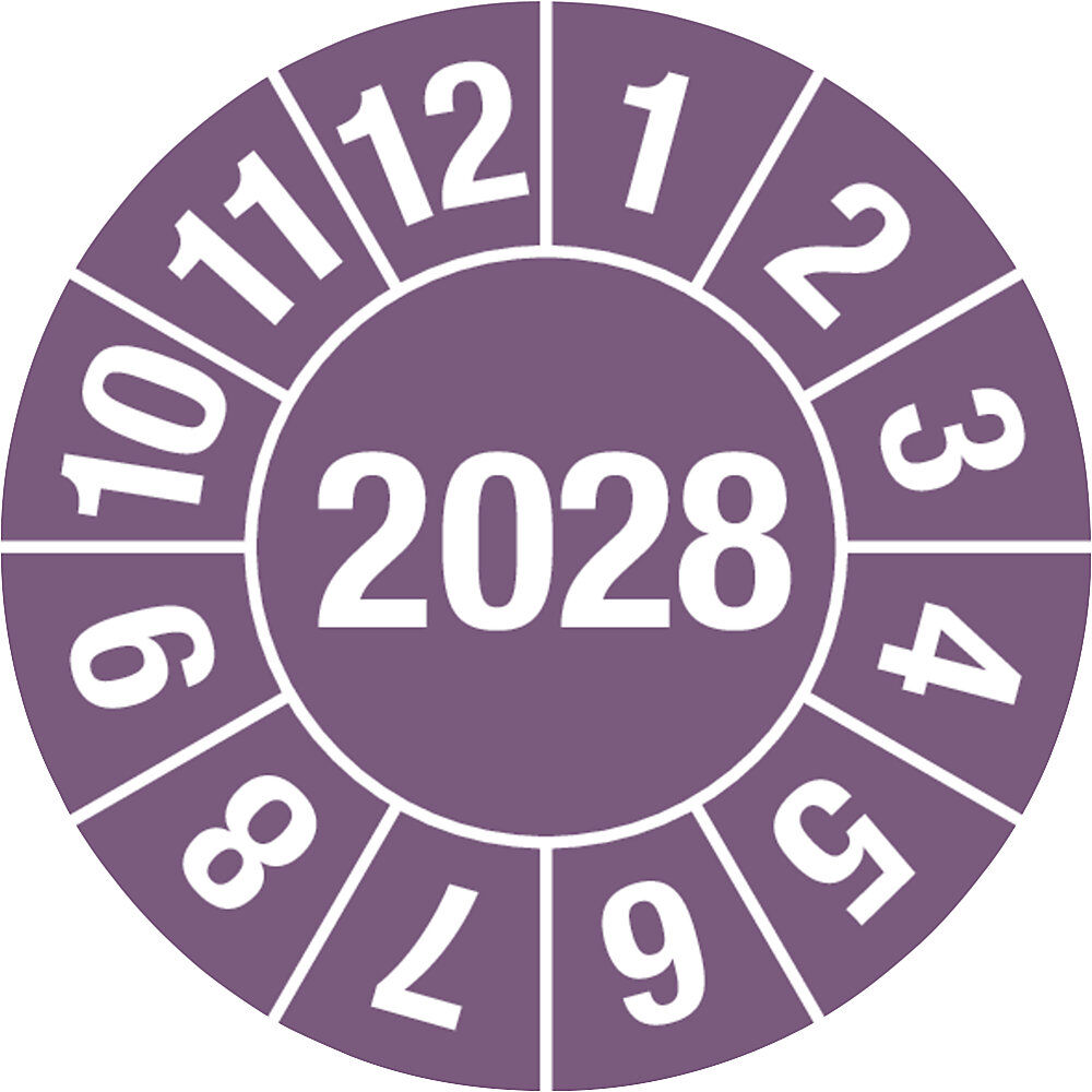 kaiserkraft Prüfplakette, Jahreszahl 4-stellig, Dokumentenfolie, Ø 15 mm, 2028, violett