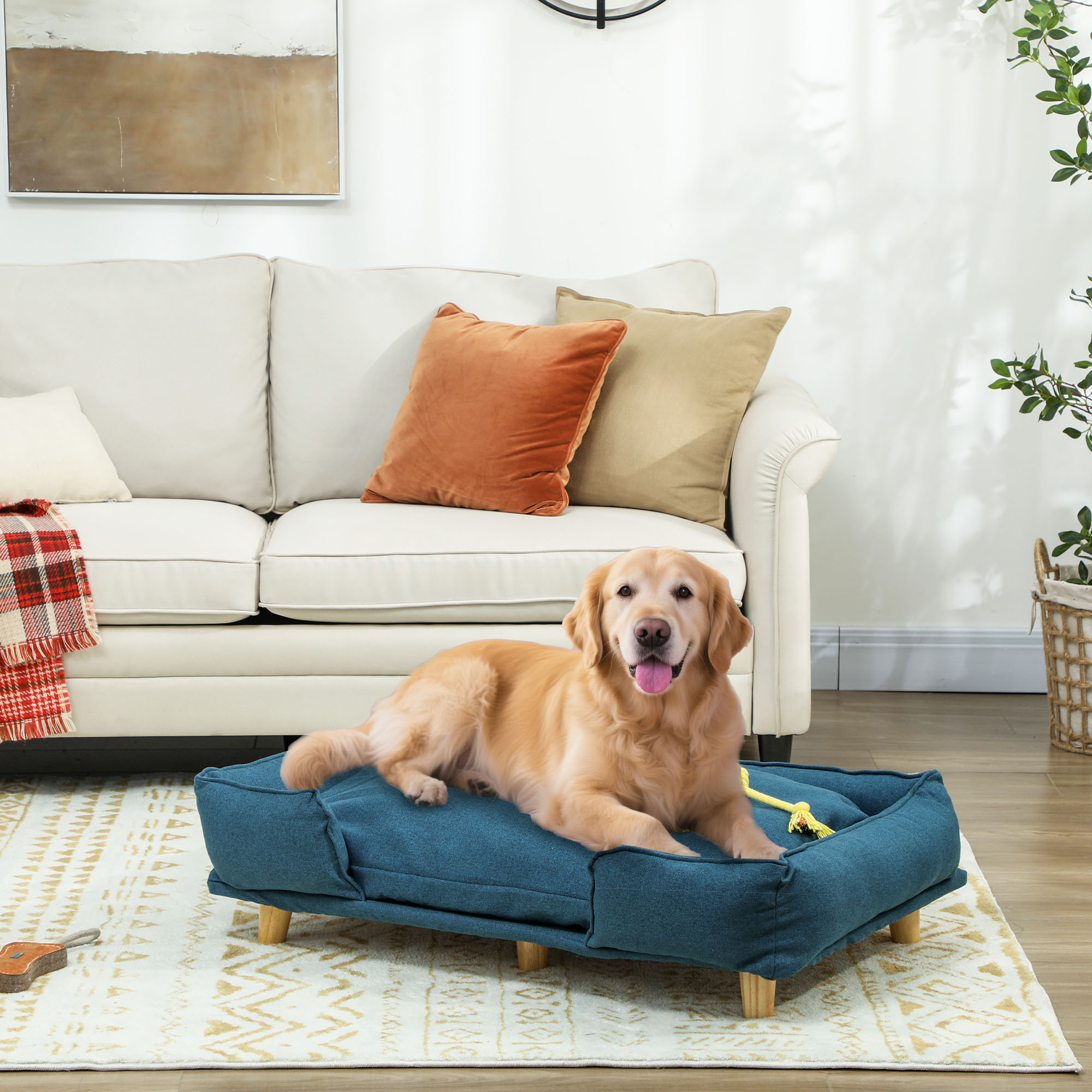 Pawhut Divano Lettino per Cani Grandi fino 30 kg da Interno con Cuscino Rimovibile, 96x66x24 cm, Blu