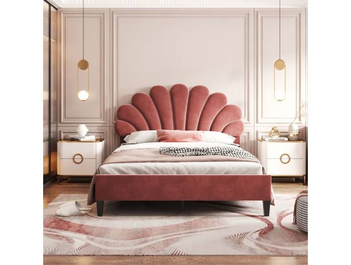 Comfyu - Lit capitonné 140x200 cm Lit de fille avec tête fleur velours – rouge haricot