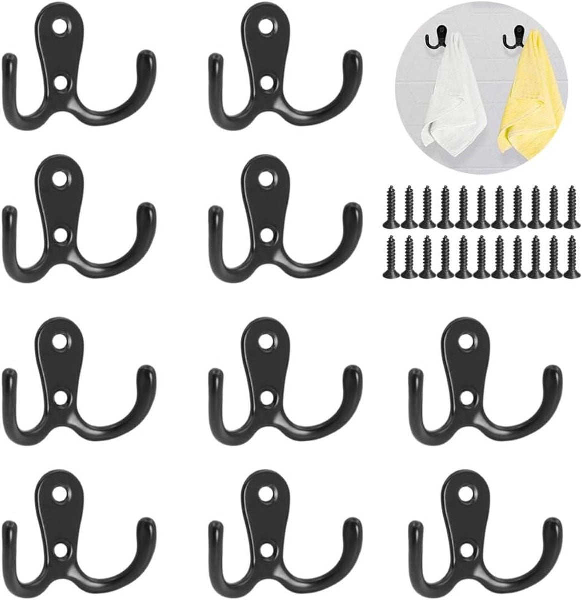 Set van 10 Heavy Duty Dubbele Prong Wandhaken in Zwart voor Keuken en Badkamer