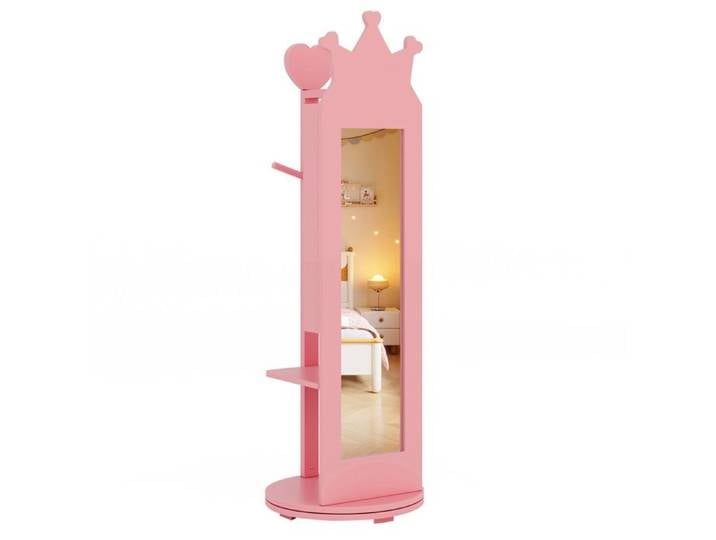 GOPLUS Armoire à Bijoux sur Pied pour Enfants avec Miroir Pleine Longueur et Porte-vêtements-Rotative à 360°-36x36x112CM Rose