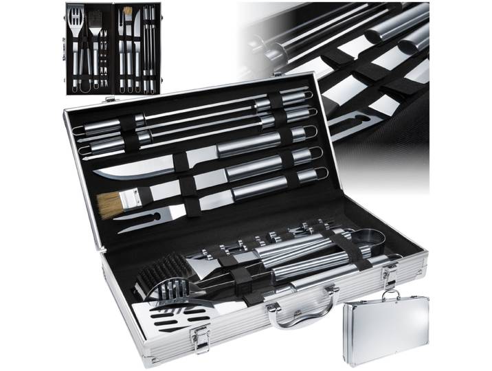 Set d'ustensiles de barbecue en acier inoxydable, 18 pièces, avec mallette en aluminium - gris
