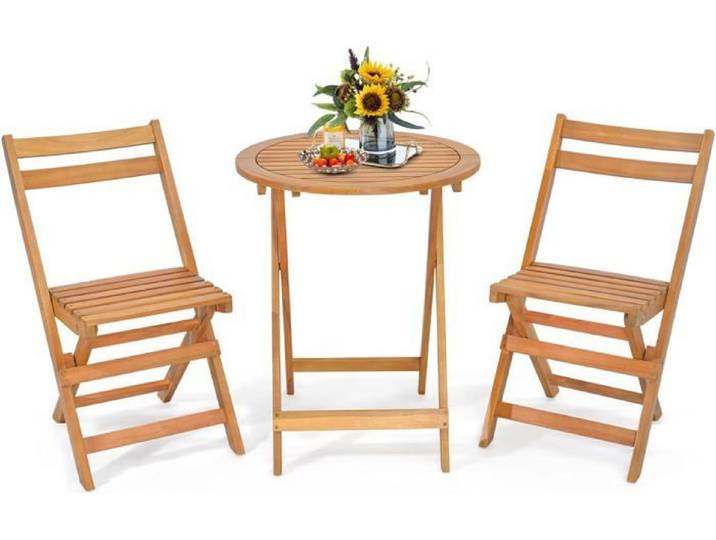 GOPLUS 3PCs Salon de Jardin Pliant-2 Chaises+1 Table en Bois d'Acacia-Table et Chaise d'Extérieur pour Jardin et Terrasse