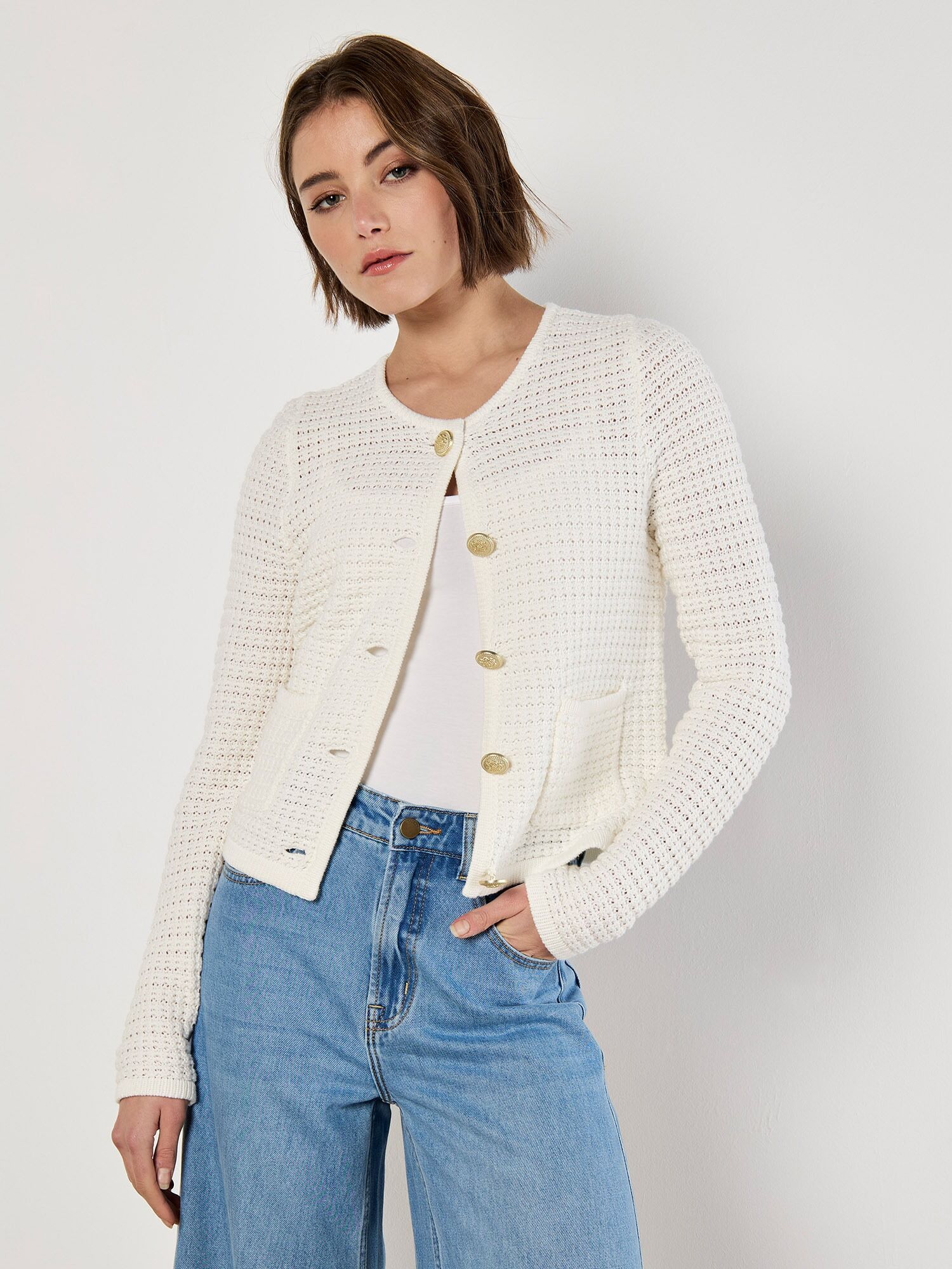 Cardigan APRICOT "Waffelstrick-Cardigan", Damen, Gr. XS (34), beige (creme), Obermaterial: 60% Baumwolle CO. 40% Polyacryl PAN., unifarben, Strickjacken Cardigan, mit Taschen