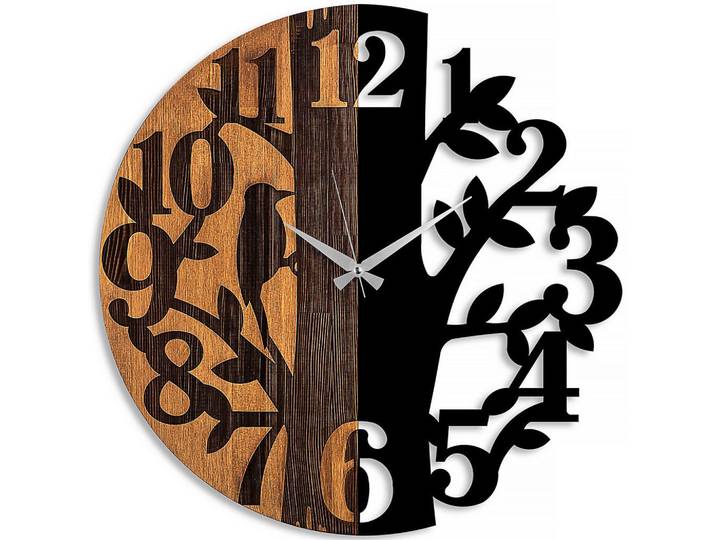 Wanduhr, Schwarz, Walnussfarben, Metall, 56x56x3 cm, 3D-Zahlen, Dekoration, Uhren, Wanduhren