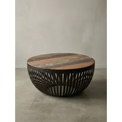 Couchtisch in Dunkelbraun mit Metallgestell im Industrial Design, Maße: 70x33x70cm