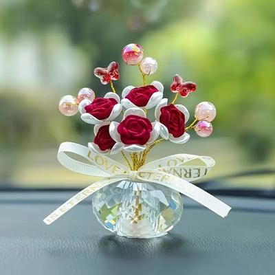Friendly Fresh Finds Crystal Glass Rose Dashboard Ornament Elegant Decor For Home Bedroom Car, Perfect Holiday Gift For Christmas. red