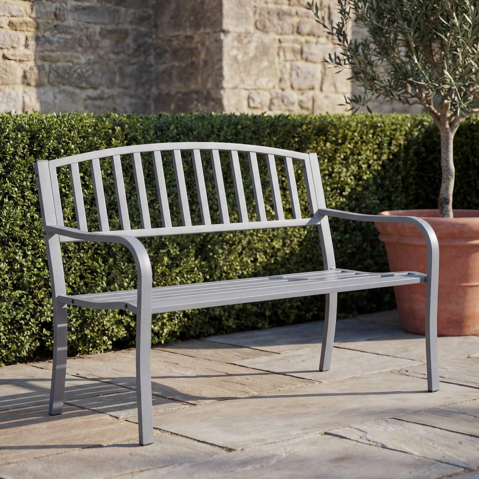 Gartenbank MCW-F43, Bank Parkbank Sitzbank, 2-Sitzer pulverbeschichteter Stahl ~ grau