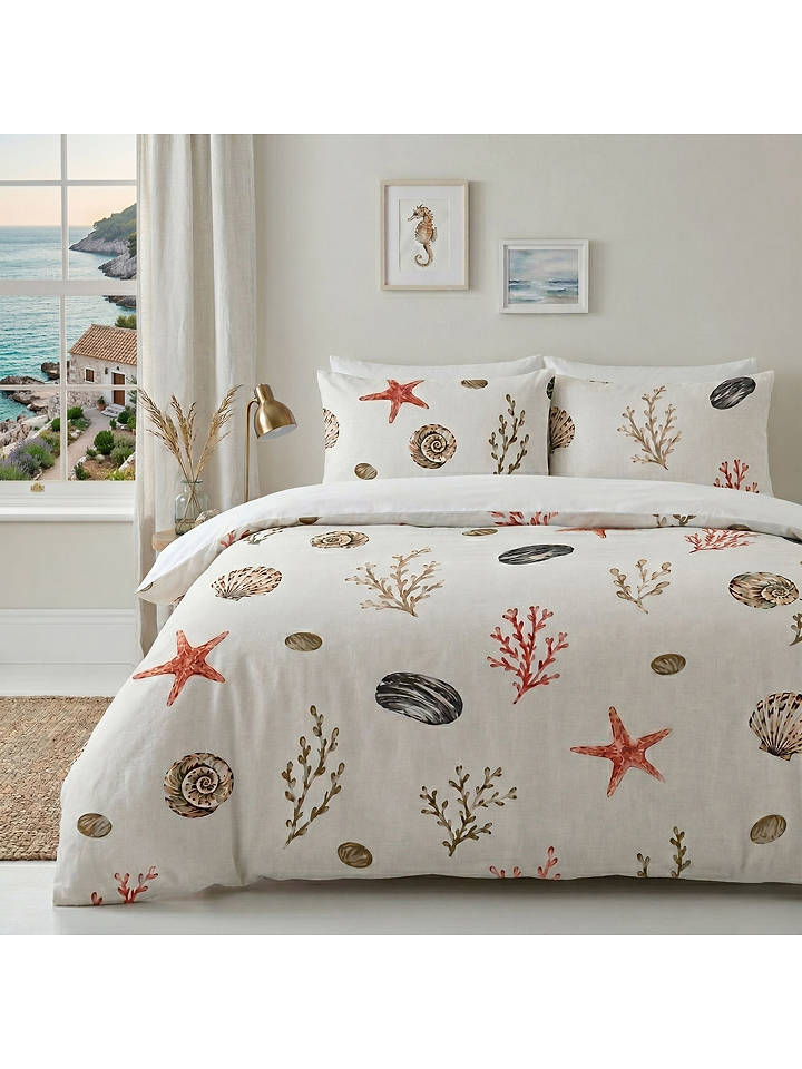 Colourful Cotton Bettwäsche-Set "Seaside" in Weiß/ Rot/ Beige - 260x220 cm