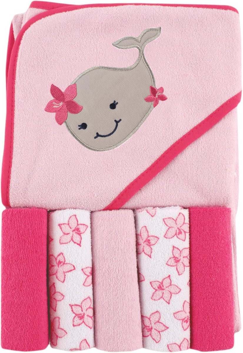 Uniseks babyhanddoek met capuchon en vijf washandjes in walvisdesign