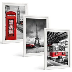 BILDER SET 3er Set - 40x60 cm Weißer Rahmen - Ikonen London Paris Verkehr