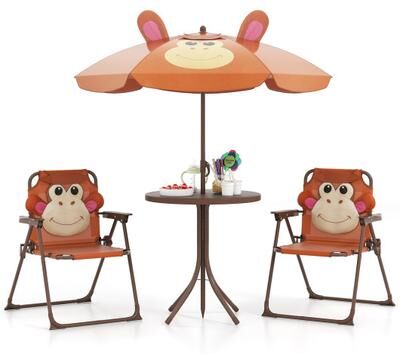 Costway 4 Pieces Kids Picnic Set with 2 Folding Chairs and Height Adjustable Umbrella-Brown