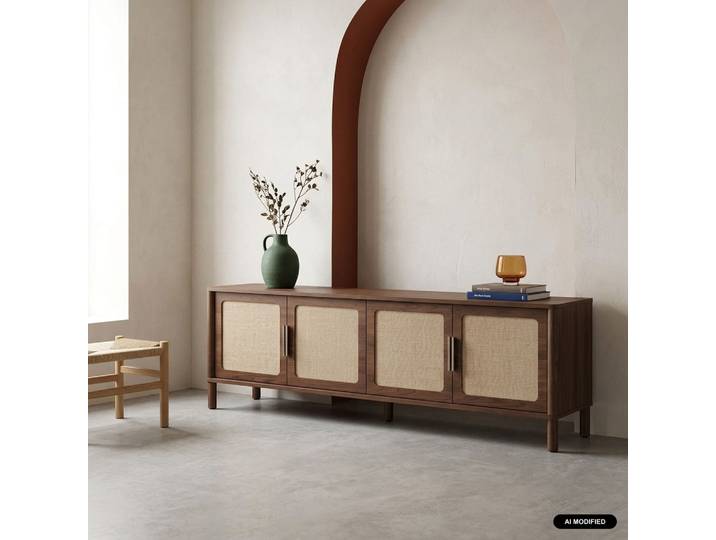 Sweeek - Meuble Tv Vintage Décor Bois Et Cannage 4 Portes 160cm Noyer - Etta