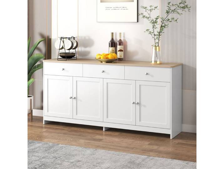 Feuille épaissie Buffet en bois blanc veiné quatre portes avec trois tiroirs salon salle à manger. Couleur bois et blanc