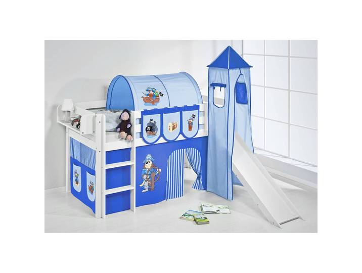 Lit mezzanine Pirate 90 x 200cm Blanc/Bleu Avec toboggan et tour