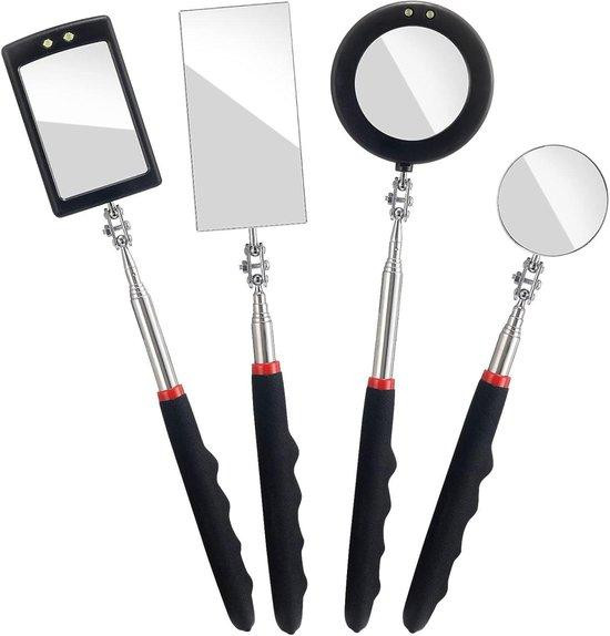 Set van 4 telescopische inspectiespiegels met LED-verlichting in zilver