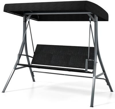 Costway 3-Person Porch Swing with Stand Outdoor Canopy Swing with Rattan Seat Back-Black