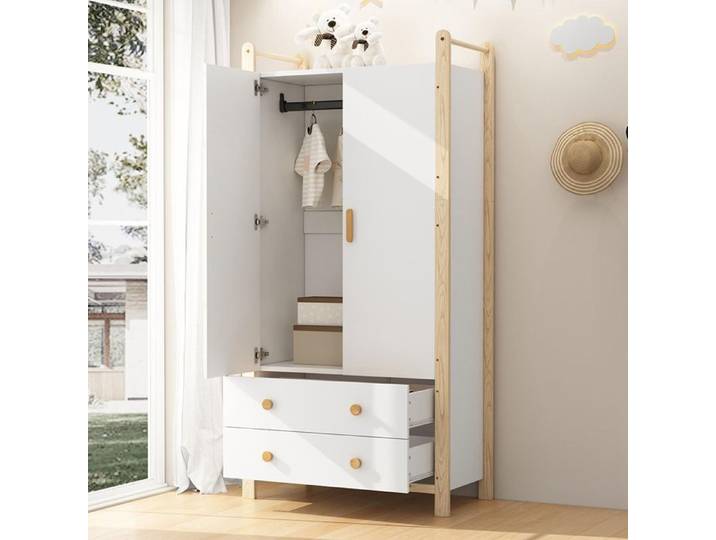 Armoire blanc + pin 2 portes tringle à vêtements 2 tiroirs aggloméré pour chambre salon vestiaire