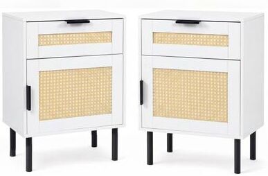 Costway Set of 2 Rattan Nightstand with Drawer and Storage Cabinet for Bedroom Dorm-White