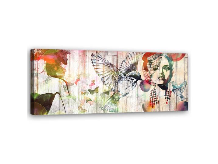 Feeby Wandbild frau vögel und schmetterlinge, Beige, Religion/Spiritualität, Rechteckig, 90x30 cm, Bilder & Rahmen, Bilder, Leinwandbilder