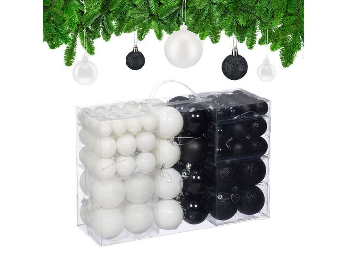 Relaxdays Weihnachtskugeln Schwarz Weiß 100-Stück-Set, Weiß, Schwarz, Kunststoff, Rund, 6x7x6 cm, Dekoration, Weihnachtsdekoration, Christbaumschmuck