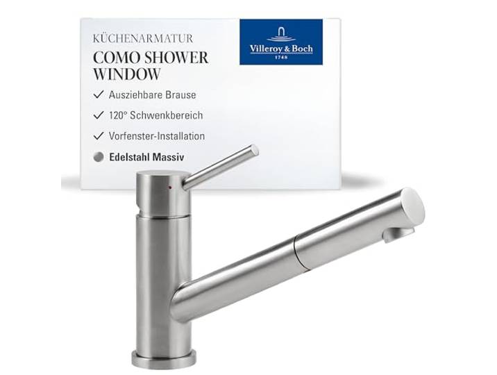Villeroy & Boch Como Shower Window Küchenarmatur, Höhe 120 mm – Edelstahl Ausziehbare Handbrause, 120° Schwenkbereich, Vorfenster-Installation, komfortabler Bedienhebel, 925800LC