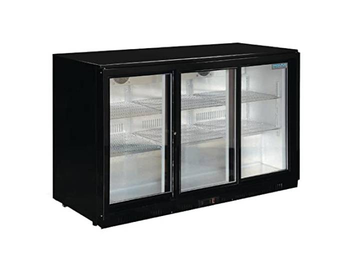 Polar Refrigeration G-Series Arrière bar avec portes coulissantes 350W 330 litres\, noir\, 2°C à 8°C\, 900(H)x1350(W)x520(D)mm\, 6 étagères\, portes verrouillables\, classe énergétique E\, GL006
