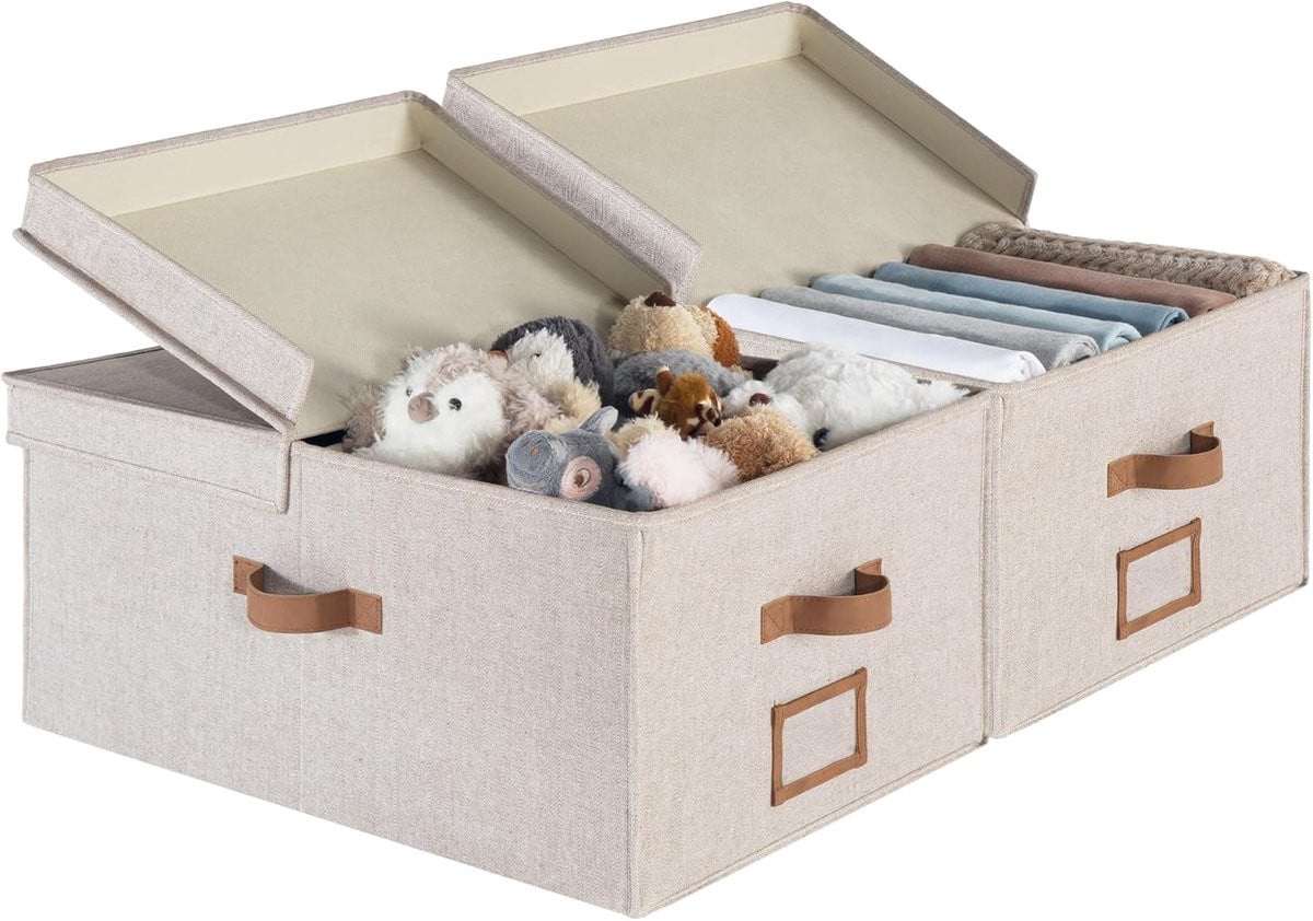 Thijox Set van 2 Extra grote opslagbakken met dubbele deksel en verdelingsbord, 55L bruine stoffen manden voor kleding en linnenkast organizers