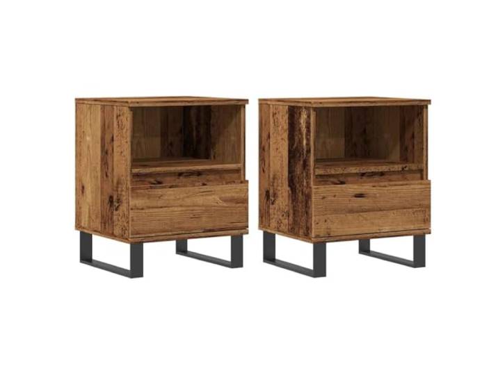 fsahslih Nachttische 2er Set Altholz-Optik 40x35x50 cm Kompakter Nachtschrank mit Schublade und Fach fuer das Schlafzimmer, stabile Metallbeine bieten modernen Stil.