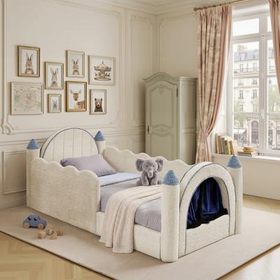 toswini Twin Upholstered Castle Daybed with Curtain Full Guardrails and Rounded Padded Frame