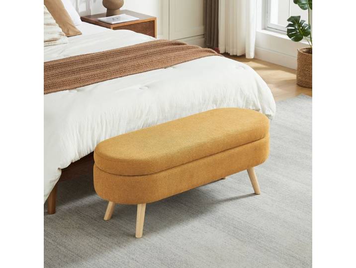 WOVREO banc de rangement 110 cm en chenille jaune coffre intégré forme ovale