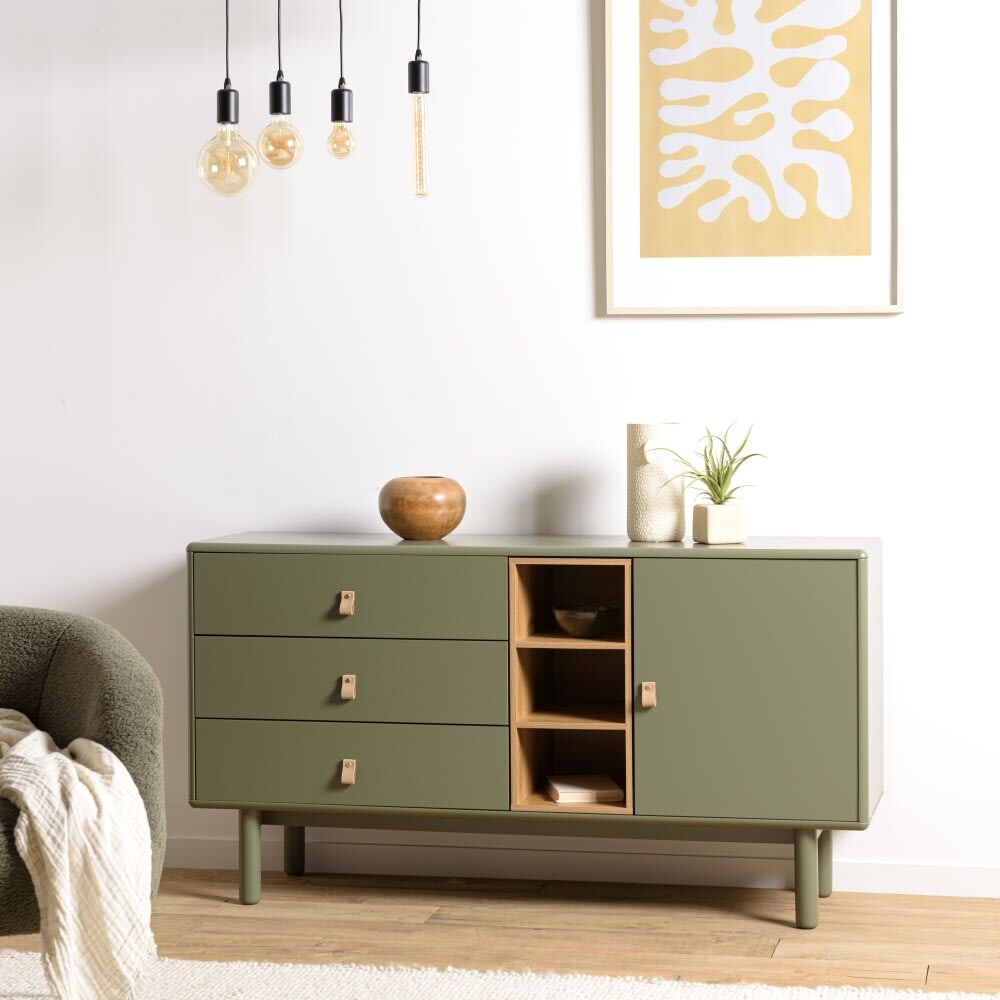 MACABANE Buffet vert 1 porte 3 tiroirs 3 niches bois naturel Vert 140x75x40cm