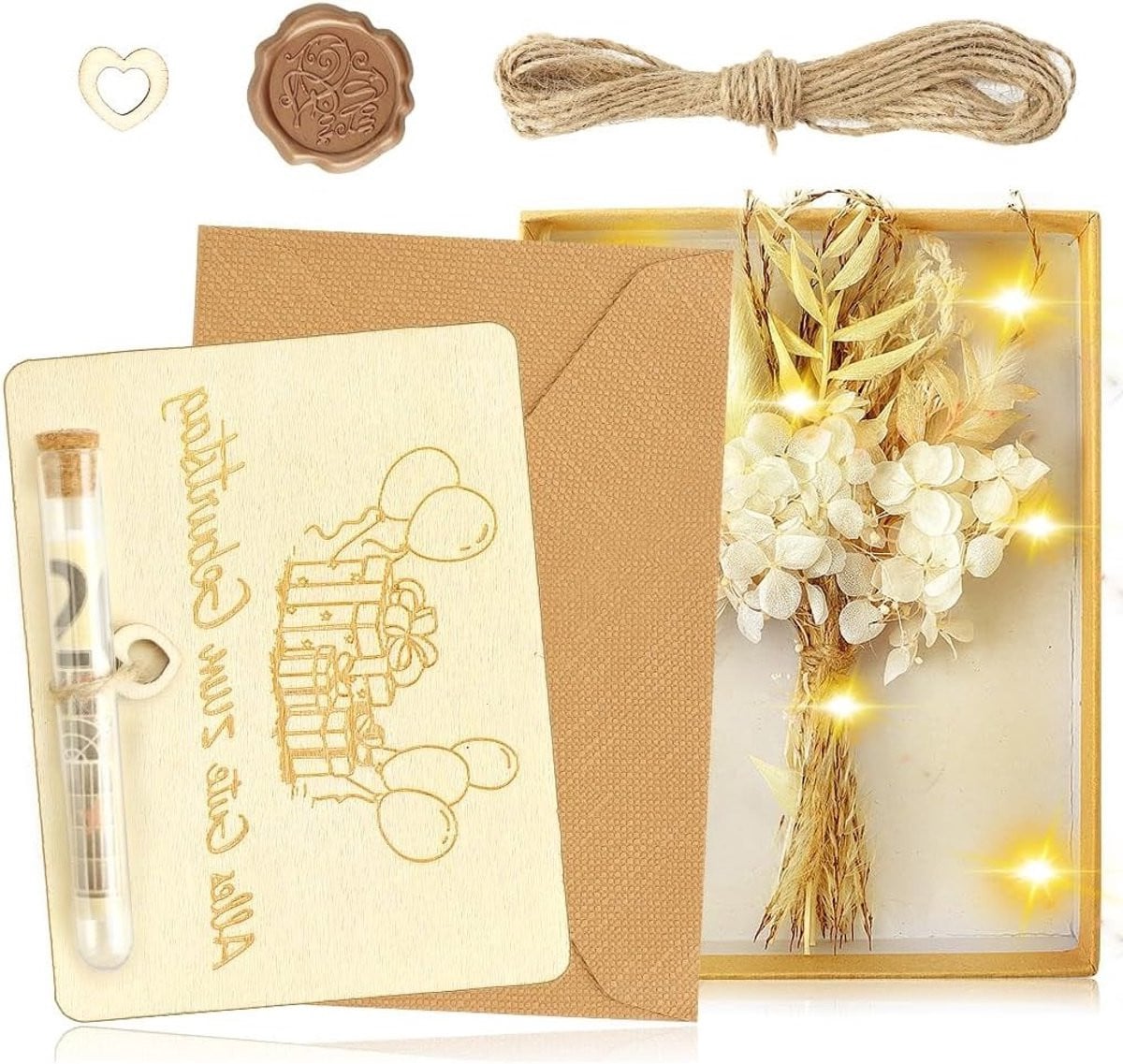 Creatieve geschenkdoos met gedroogde bloemen en reageerbuizen
