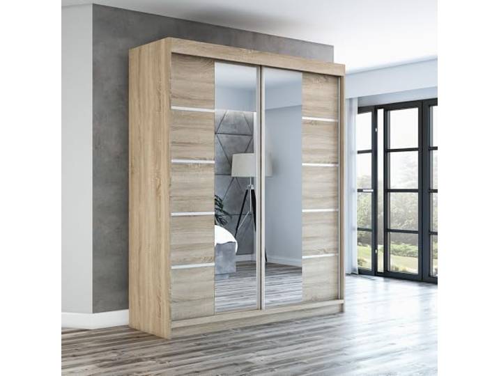 A&J MöbelLand Schwebetürenschrank ERA Kleiderschrank 2-türig mit Spiegel, Garderobe 180 cm (Sonoma/Sonoma/Sonoma)