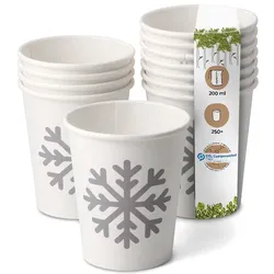 BIOZOYG 250 Stück Heißgetränke-Trinkbecher 200ml / 8ozPappe Winterliche Bedruckung, Einwegbecher Glühweinbecher Pappbecher, biologisch abbaubar