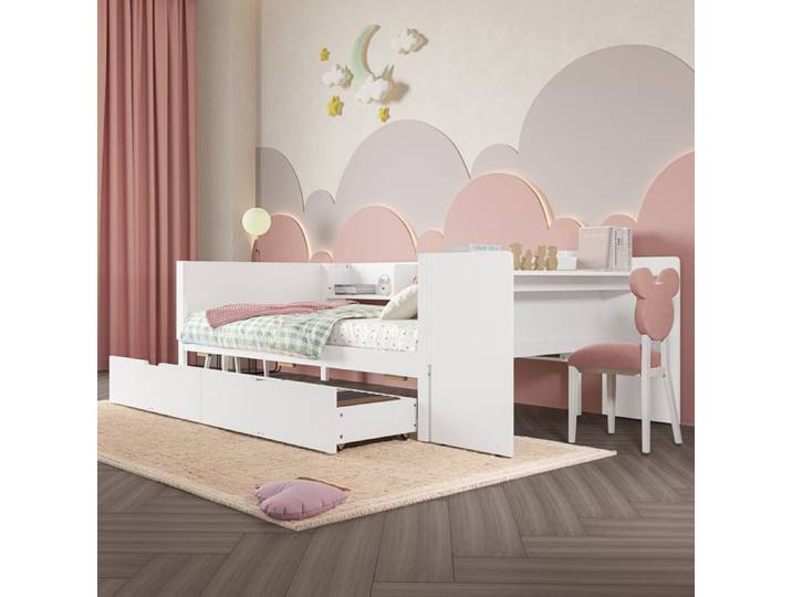 Lit simple 90x200 avec bureau avec tiroirs FloraGrace