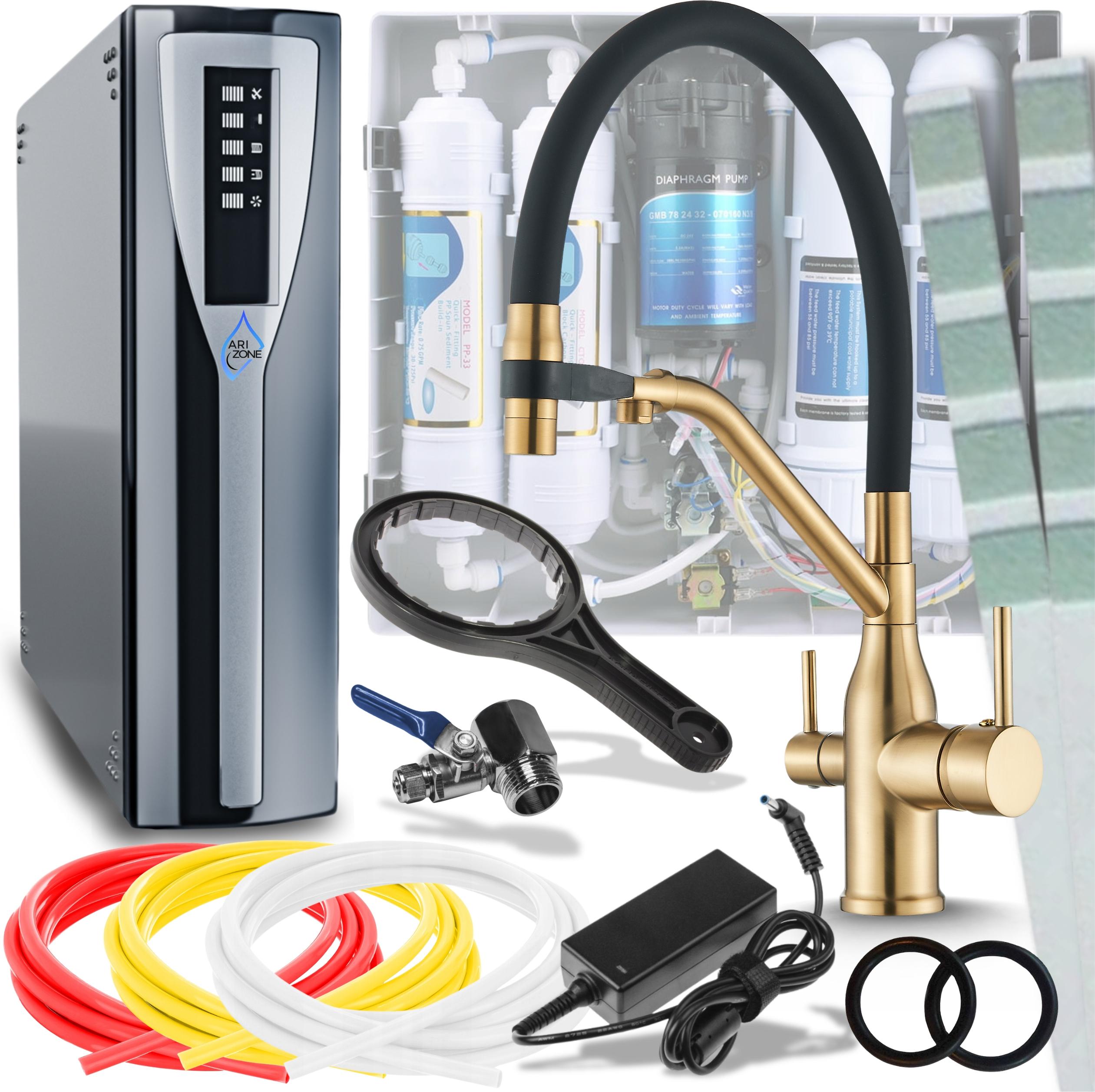 Wasserfilter Set, 3-Wege Küchenarmatur Ari Magneto mit Wasserfiltersystem, ausziehbare Brause, 360° schwenkbar, Gold