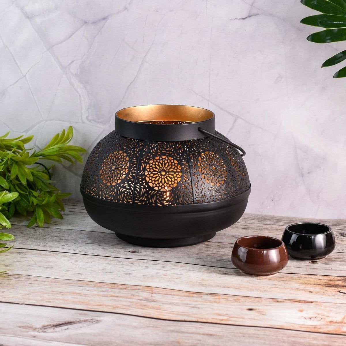 Oosterse Lantaarn Windlicht Decoratie Zwart Goud Diepte: 17,5 cm