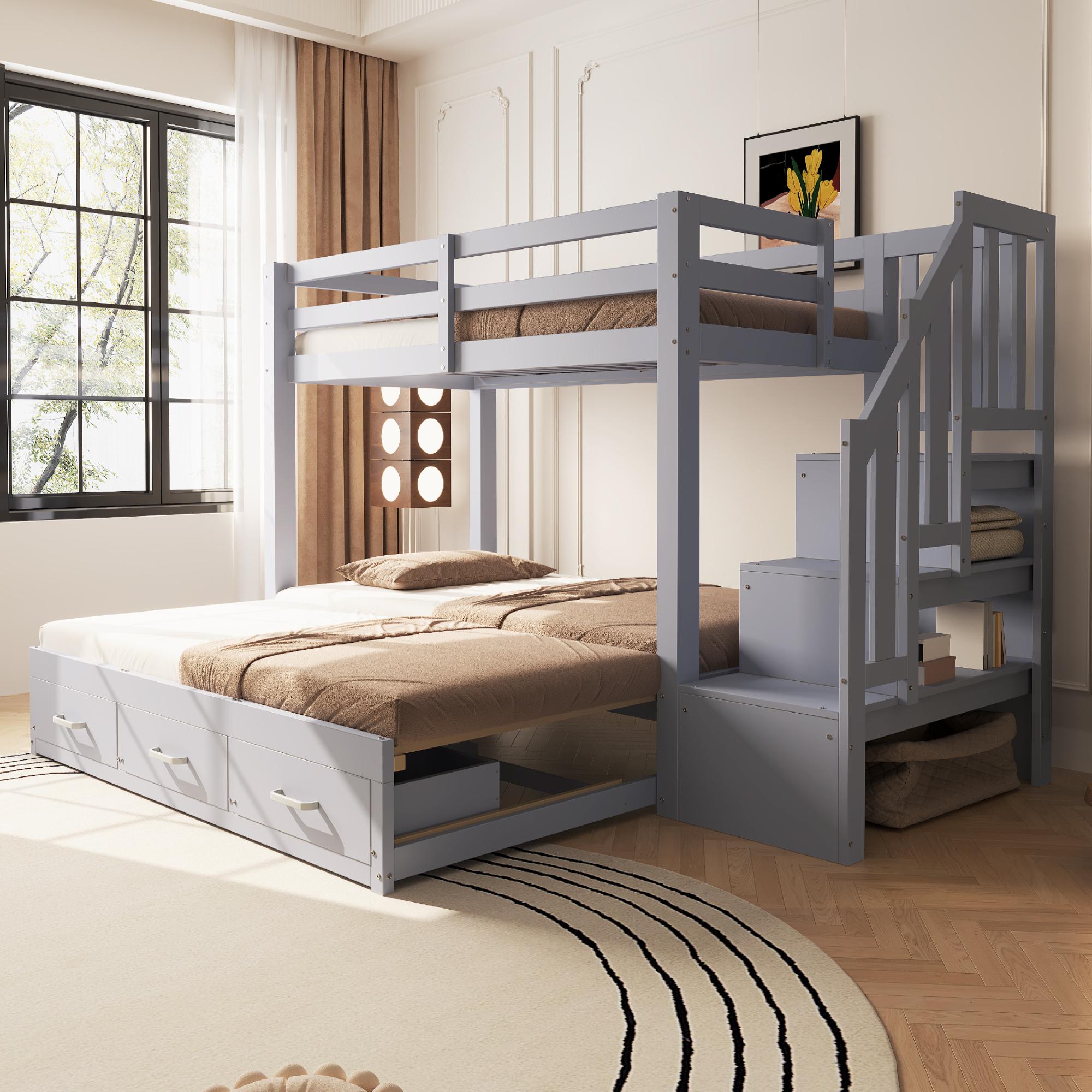 okwish Etagenbett 90x200 mit Ausziehbettfunktion Jugendbett mit stauraumleiter und Schubladen Doppelbett mit Rausfallschutz Grau (ohne Matratze)